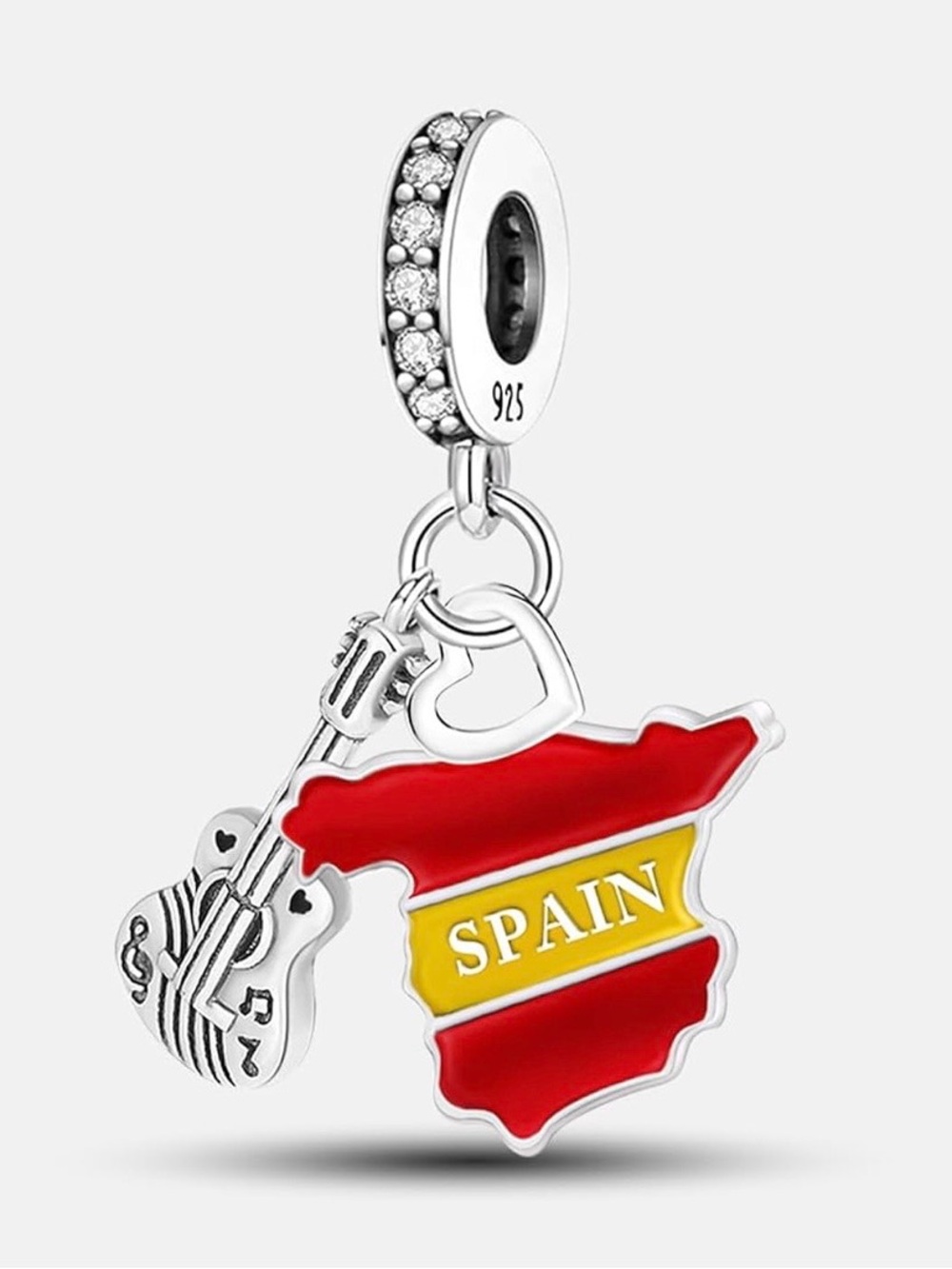 🇪🇸 925 I Love Spain-Map & Guitar Dangle Travel Charm-NEW